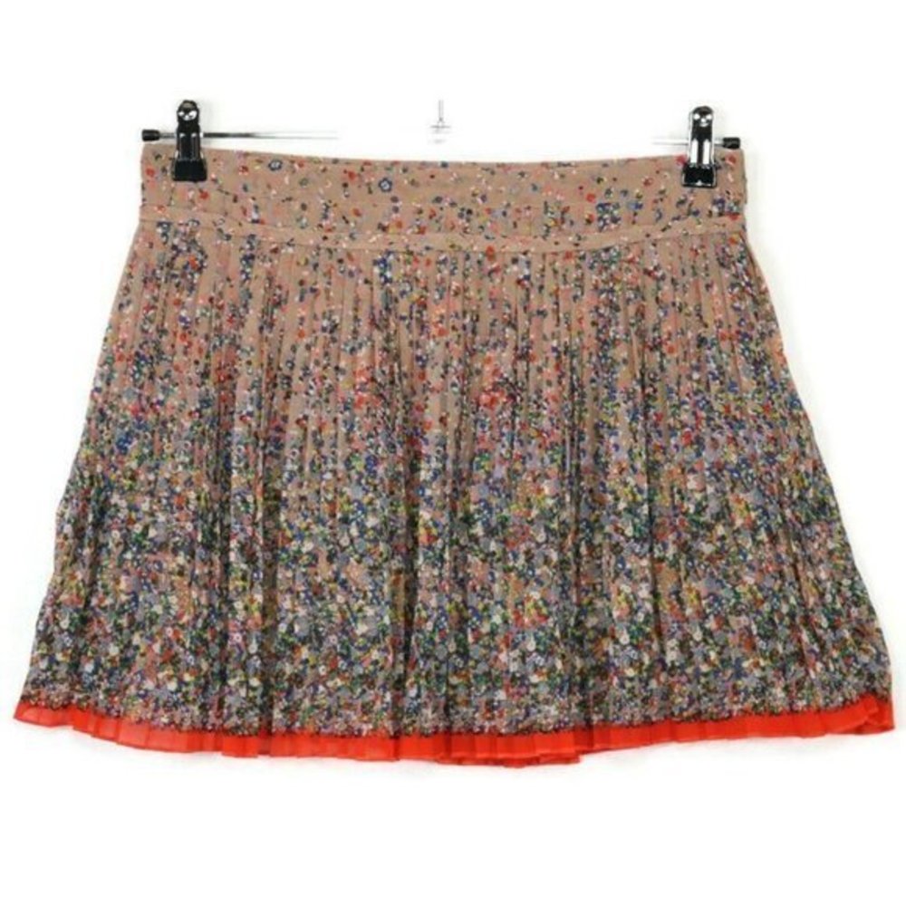 American Eagle Pleated Mini Chiffon‎ Skirt Beige Orange Blue Floral 8